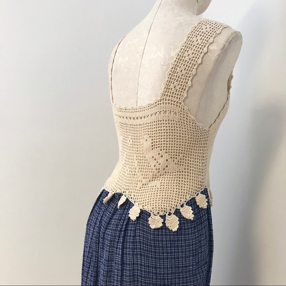 Vintage 70s Boho Crochet Top Print Midi Dress - Picture 8 of 11